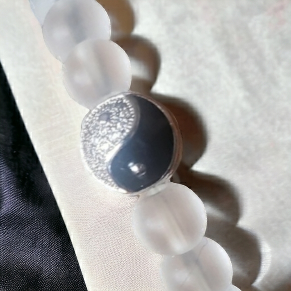 Opalite, Onyx & Aquamarine Handcrafted Beaded  Yin Yang Bracelet - Picture 9 of 11